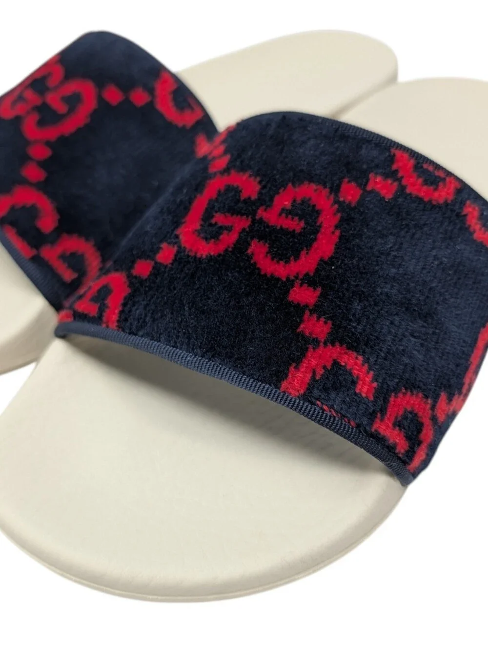 Gucci Navy/Red Monogram Terry Cloth Velvet Slide Sandals Size EU 38